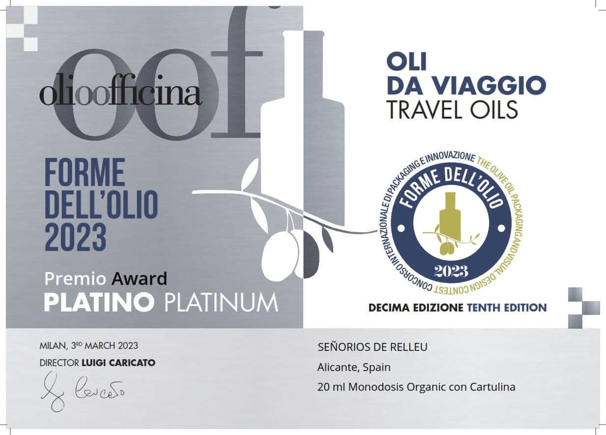 Ganador de 3 Platinos en el concurso italiano Forme dell'olio - Señorios de  Relleu