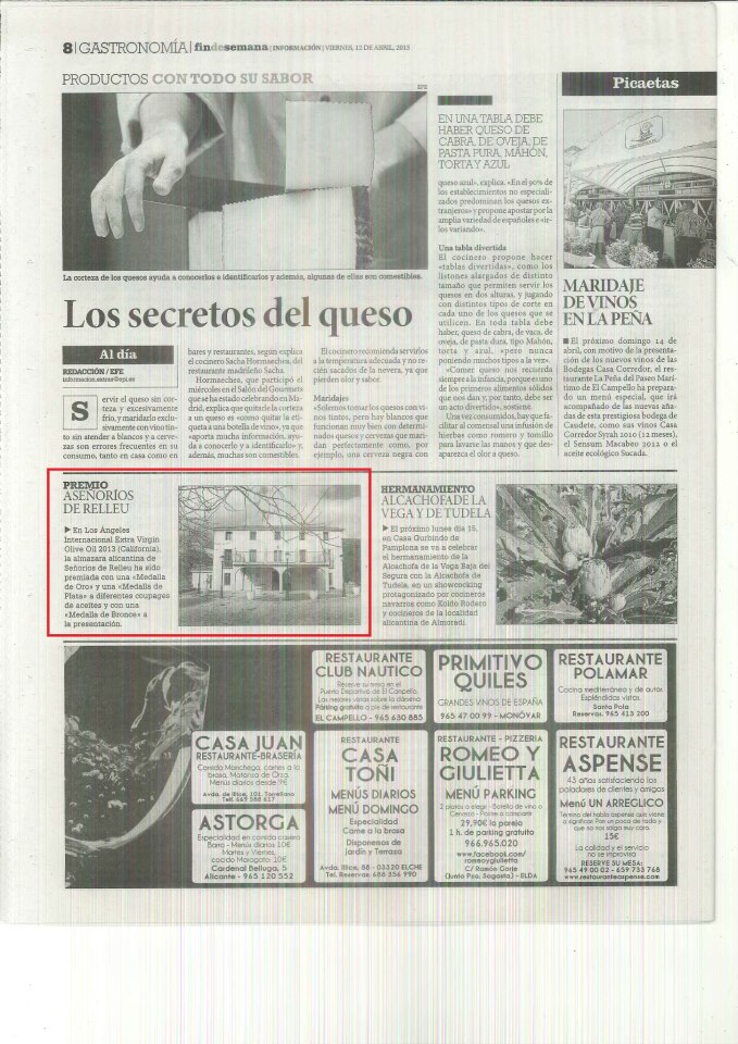 Diario Información. Extra Virgin Olive Oil. Mejor Aceite de Oliva de Alicante